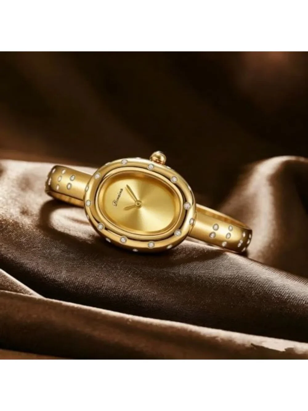 Elegant Oval Crystal Bangle Watch - Gold Stainless Steel Open Cuff Analog Wrist